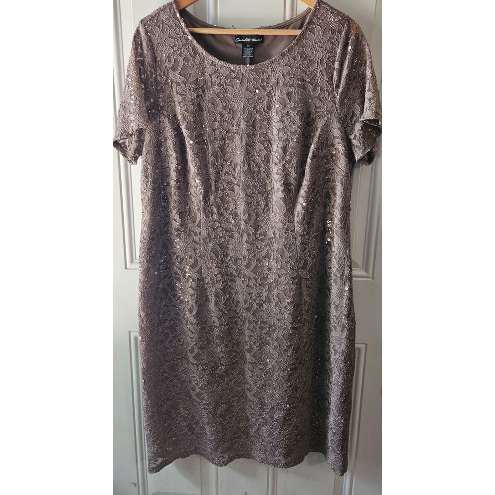 Cardalette Women's 2X Brown Lace Sequin Sheath Dress Short Sleeve Lined Plus‎